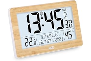 ADE Horloge radiopilotée numérique XL avec très Grands Chiffres | Horloge de Table avec 2 Heures de réveil et éclairage | Thermomètre et Hygromètre | Cadre étroit en Bambou véritable