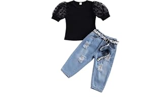Geagodelia Ensemble Enfant Fille de 3 Pièces Haut Décontracté à Manches Courtes Bouffantes Transparentes + Jeans Troué + Ceinture (2-7 Ans)