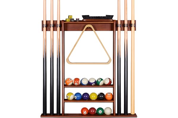 Support de Queue de Billard, Support Mural de Baton de Billard avec Support de Rangement, Bois Massif, Support de Billard 6 Trous et 15 Porte-balles, pour Centre de Divertissement de Gym