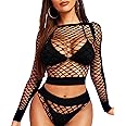 RSLOVE Women Sexy Mesh Lingerie Fishnet Babydoll Free Size Bodysuit See Through Shirts Long Sleeve
