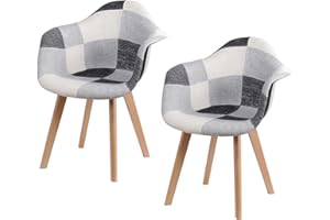 GrandCA HOME 2er-Set Esszimmerstühle mit Armlehne, Vintage-Küchenstühle, Sessel, Massivholzbeine und Patchwork-Stoffsitz, für Schlafzimmer, Wohnzimmer, Esszimmer und Küche, Schwarz