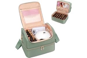 RELAVEL Nagellack Aufbewahrung, Doppelschicht Nagellack Organizer Tasche, Reise Nagellack Aufbewahrungsbox für 45 Flaschen Nagellack & Eine Nagellampe, Kosmetikkoffer Nagelkit Bag (Grün, 45 Flaschen)