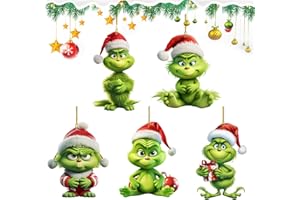 Ellxen 5 Stück Weihnachtsschmuck G-rinch,mit elastischer Kordel 2D Acryl Anhänger, G-rinchs Weihnachtsbaumschmuck,2023 fröhliche lustige Puppen Ornamente für Weihnachtsbaum Dekorationen(A)
