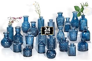 Sawoake Lot de Petits vases en Verre Transparent avec couvercles pour décoration de Table, Mariage, réception, Maison, Bouteilles Vintage (Bleu, 24)