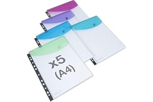 Rapesco 1630 ECO Fundas Perforadoras Multi Taladrado de Gran Capacidad, A4, Transparentes con Solapas de Colores Surtidos, Paquete de 5