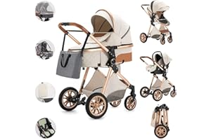 Kakbgee Carrito de Bebé 3 en 1, Cochecito Bebe 3 Piezas Con Asiento De Auto, Cochecitos Portátil Plegable Con Un Clic, Carricoche Combinado Paisaje Alto Marco de Aluminio Para Recién Nacido