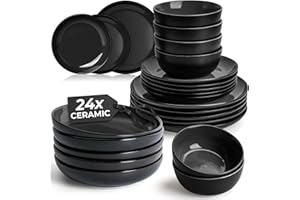 MIAMIO – 24-Piece, Service for 6 Dishware Set/Stoneware Dinnerware Set – Including Plates, Soup Plates and Bowls – Le Papillon Collection (Black)