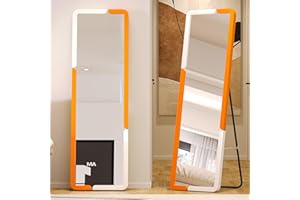 ‎FIGBIRD Figbird Standspiegel Groß Holz, 160 x 40 cm Groß Ganzkörperspiegel Haken, Modern Spiegel für Schlafzimmer Ankleidezimmer Badezimmer Full Body Mirror (Orange Weiß Quadrat)