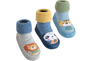 FEOYA Baby Slippers 3 Pairs Anti-Slip Infant Floor Socks for Newborn Boys Girls - Breathable First Walking Shoes, Winter Thermal Step Socks