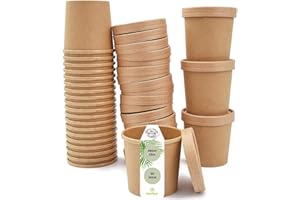 DeinPack Lot de 50 tasses à soupe à Go avec couvercle Marron 480 ml 16 oz I Gobelet compostable avec revêtement intérieur PLA Tasse à soupe en carton I 50 gobelets jetables bio
