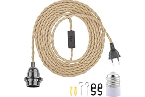 BlueXP Douille de Lampe E27 Vintage avec Interrupteur et Câble 6m en Corde de Chanvre Tressée Vintage Anneau à Vis pour DIY Lampe Suspension Lumière Pendante Industrielle pour Salon Chambre Bar