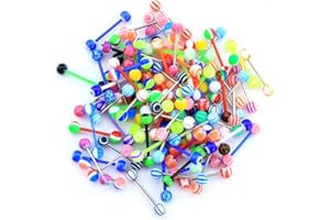 CM Crareesi Mania 50PCS Tongue Rings Pack Random Color Tongue Bars Colorful Tongue Rings Stud Stainless Steel/Acrylic 14G Tongue Barbells