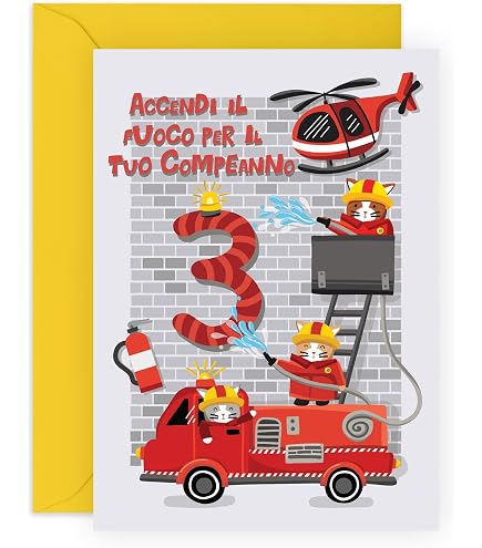 Biglietto Di Compleanno Per Vigili Del Fuoco Con Busta – Simpatico Gatto Pompiere, Formato DIN A6, Carta Premium 300g