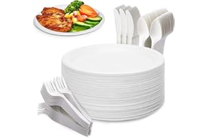 Yidaxing 200Pcs Assiettes Jetables en Canne à Sucre en Biodégradables, Vaisselle Écologique, Grande Assiette, Fourchettes, Couteaux et Cuillères pour La Fête, Le Camping et Les Pique-Niques (22.8cm)