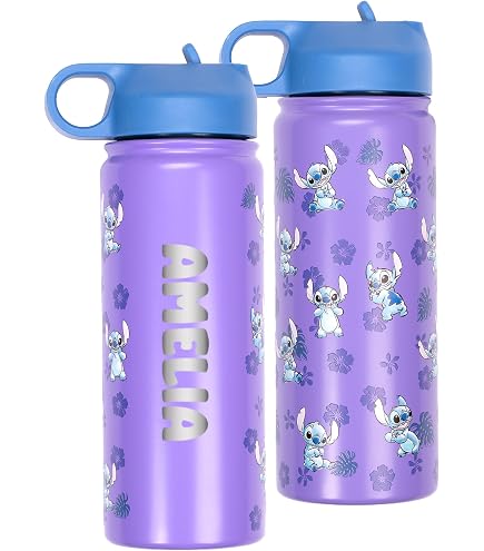 Borraccia Stitch In Acciaio Inox 440ml Per Bambini E Ragazzi – Lilo E Stitch – Set Con Adesivi E Gancio Porta – Per Scuola E Sport