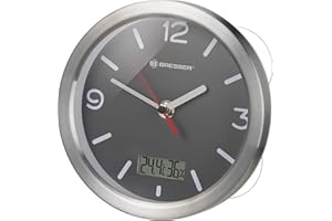 ‎BRESSER Bresser 8020116 Wanduhr Mytime Thermo-/Hygro Funk Baduhr mit Thermometer und Hygrometer inklusive 4 Starker Saugnäpfe zum Aufhängen oder Aufstellen, Grau , 17cm