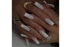 ANGWIS 24pcs Long Coffin False Nails French Tip Stick on Nails White Edge Ballerina Press on Nails Removable Glue-on Nails Acrylic Full Cover Fake Nails Women Girls Nail Art Accessories