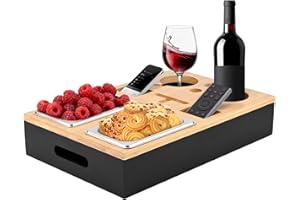 Dreamhigh® Couchbar Snackbox, Couch Bar mit 2 Edelstahl Snackschalen, Organizer und Flaschenhalter, Sofatablett Sofa Snackspender aus Premium Bambus - Tolles Geschenk, Schwarz
