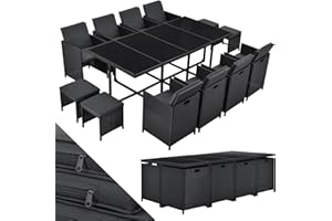 Juskys Polyrattan Sitzgruppe Baracoa XXL 13-teilig wetterfest & stapelbar - 8 Stühle, 4 Hocker, Tisch mit Glasplatte & Kissen - 12 Personen - Gartenmöbel Set für Garten & Terrasse