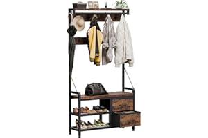 Buluri Coat Stand, 5 In 1 Design Coat and Shoe Rack with 17 Hooks & 2 Fabric Drawers, Metal Frame, Freestanding Hall Tree for Hallway, Entryway, Living Room, Bedroom (Rustic Brown)
