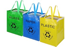 Vinsani Set of 3 Reusable Fabric Recycling Bags – Colour-Coded Durable Spacious Organiser Efficient Waste Sorting Home Office Kitchen for Glass Plastic and Paper Recycling