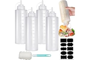 Nadisean 4 Stück Quetschflasche 1000ML, Squeeze Flasche 32oz, Kein Leck groß Saucenflasche mit Kappen, Plastik Condiment Squeeze Bottle mit 1 Reinigungsbürste und 10 Aufklebern für Ketchup Sauces
