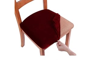 smiry Stretch Chair Seat Covers for Dining Room, Velvet Dining Chair Seat Protectors Chair Slipcovers, Set of 4, Wine Red