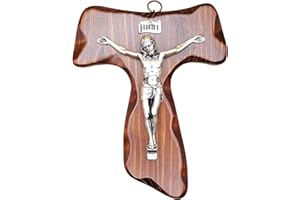La Balestra Croce Tau da Parete - Artigianale Made in Italy Cristo e INRI Placcati Argento 999 - Crocifissi da Parete in Legno, Cura e Precisione dei dettagli di Gesù Crocifisso - 15x12cm