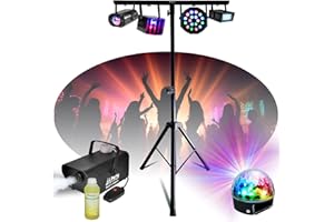 Mooving Light & Sound Pack Lumière Pied SUPPORT-DJLIGHT 1,60m réglable - 5 Jeux de lumière Astro Derby Strobe - Machine à fumée 400W