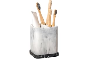 ZCCZ Bathroom Accessory - Elegant Stone Effect Toothbrush Holder Square Toothbrush Holder for Electric Toothbrush Cosmetic Brush Razor - High Quality Tumbler with White Base