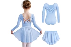 Arshiner Vêtements de Ballet pour Filles de 2 à 10 Ans Robe de Ballet à Manches Longues Deux Pièces en Coton Robe de Danse Dos Nu Justaucorps de Ballet avec Tutu Justaucorps de Danse