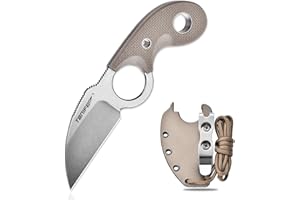 TONIFE Półksiężyc Nóż na szyję Nóż outdoorowy Stałe ostrze ze stali 8Cr14MoV z pochwą, smyczą i klipsem Nóż Full Tang Nóż survivalowy (Ciepły Piasek+Stonewash)