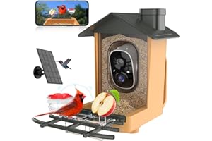 KOMPINAC Mangeoire à Oiseaux avec Caméra Identification AI des Oiseaux Vision Nocturne HD 2K IP65 Etanche Mangeoire Oiseaux Exterieur Panneau Solaire Capture Auto Notification Instantanée