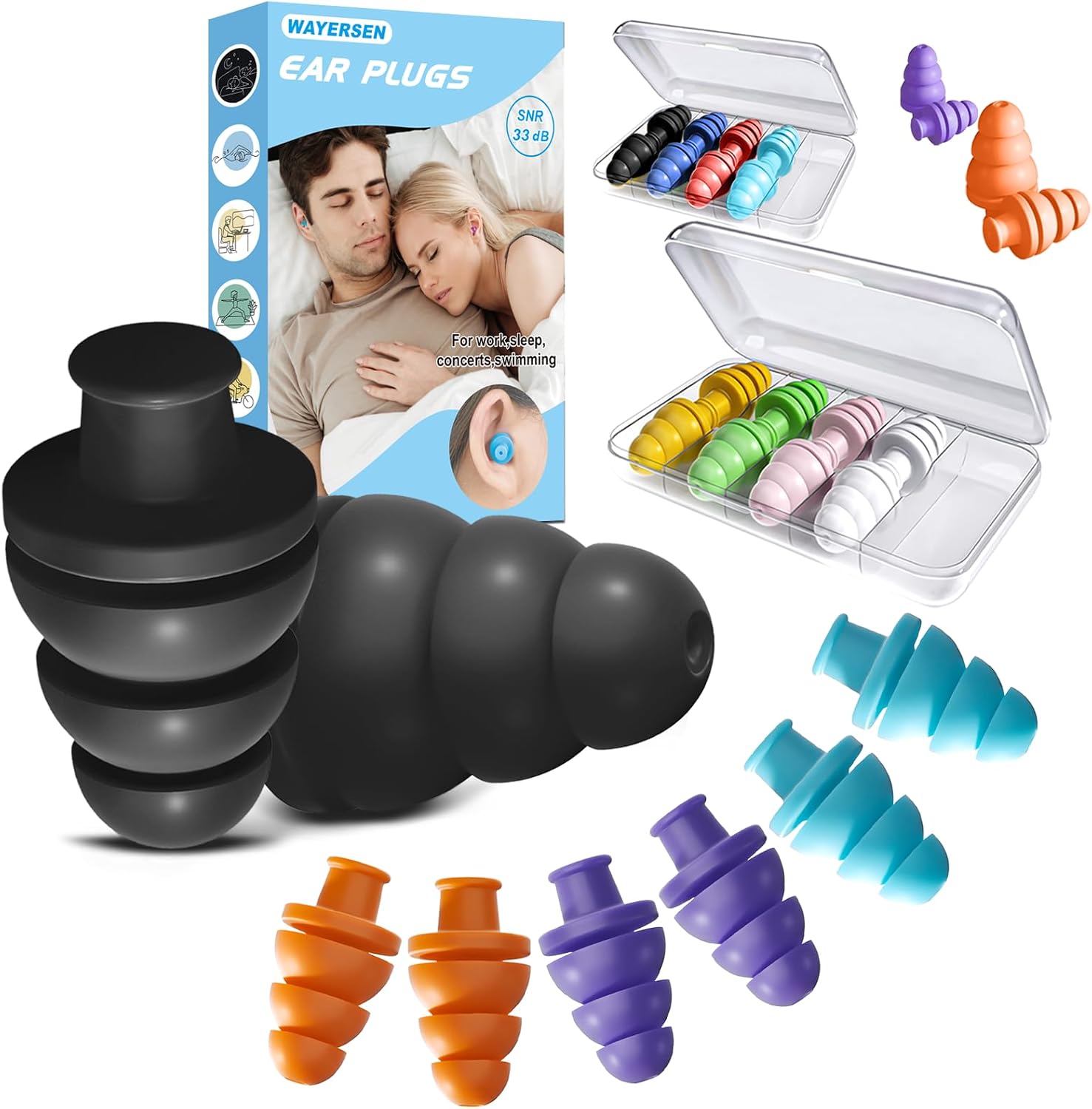 Silicone Ear Plugs for Sleeping Noise Cancelling, 10 Pairs Reusable Earplugs for Sleeping, Concert, Snoring, Travel, Work, 10 Colors, 33dB SNR
