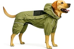 LOVELONGLONG Fleece-Lined Dog Raincoat with Removable Hood – Waterproof Winter Full Body Dog Jacket – Windproof Snowproof Cold-Weather Suit – Green-F L
