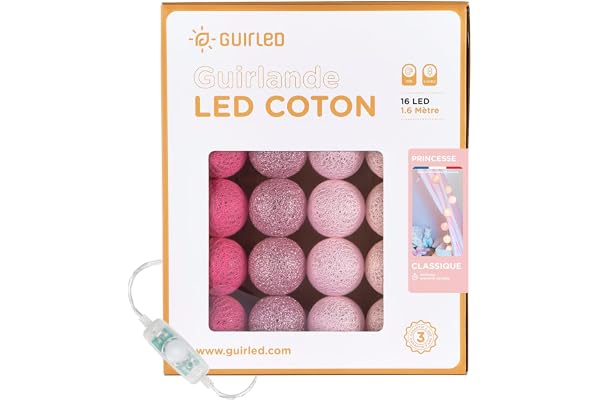 GuirLED - Guirlande lumineuse boules coton LED USB - Veilleuse bébé 2h - Adaptateur secteur double USB 2A inclus - 3 intensités - 16 boules 1.6m - Princesse