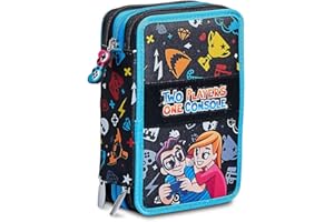 Seven Astuccio Scuola Portapenne Two Players One console, 3 Zip Completo Di Pennarelli, Matite, Ecc.Organizzato