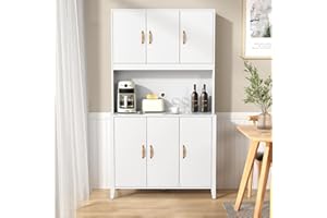 VOWNER Credenza Cucina Alta, Mobile Buffet, Mobile Cucina Dispensa, Armadio Dispensa, Armadietti in Legno, 6 Ante e Vani Aperti, 100L x 40 x 181H cm, per Microonde e Macchina per Caffè, Bianco