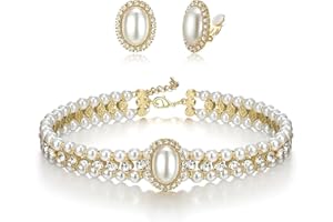 Clearine Ensemble de bijoux fantaisie vintage années 1920 pour femme avec collier, bracelet et boucles d'oreilles en perles synthétiques pour cosplay