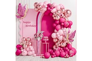 FAIRYMAIDEN Kit Arco Palloncini Rosa,112 Pezzi Arco Per Palloncini Compleanno Rosa Oro con Palloncini Fucsia e Rosa, Ghirlanda Palloncini Rosa Scuro per Decorazioni Compleanno, Matrimonio, Battesimo, Anniversario