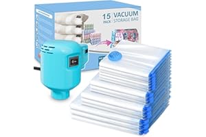 Kissleaf Vacuum Storage Bags 15-Pack Vacuum Bags with Electric Pump 30 Seconds Fast Compression Durable Dustproof Waterproof Vaccine Storage Bags Travel for Duvets,Bedding,Quilts,Clothes