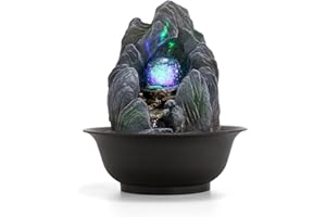 Dyna-Living Indoor Fountain, Tabletop Water Fountain, Rockery Meditation Water Fountain with LED Crystal Ball, Indoor Water Feature for Home Office Decor Relaxation,11.02''*9.65"*7.28" Grey