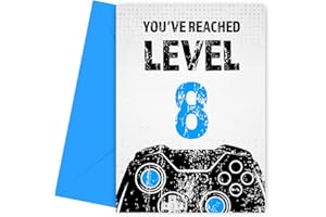 HEY CHIMP Gamer 8th Birthday Card for Boy - Black & Blue Reached Level 8 Bday Cards for Son, Great Grandson, Nephew or Brother. Gaming Happy Birthday Card for 8 Year Old