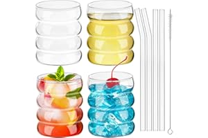 MINISOISO Lot de 4 Verres à Bulles en Verre, 350ml Verre à Cocktail, Verres à Boisson avec Paille et Brosse, Tasses à Café Glacé Ondulé pour Whisky Soda Jus Café Bière