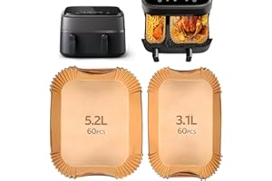 RSAROUUD MOY 120PCS Papier Cuisson Air Fryer pour Moulinex EZ901820/Philips Airfryer Dual Basket 3000/5000,Food-Grade BPA Gratuit,Jetable Antiadhésive Sans Huile Papier Sulfurisé Air Fryer pour 3.1L-5.2L Friteuse