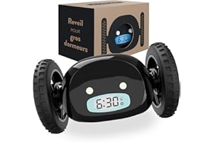 CLOCKY Réveil Matin Roulant Forte Sonnerie Reveil Puissant Gros Dormeurs pour Sourd Tres Bruyant Chambre Adulte Enfant Adolescent Reveil LED Roule Saute Cadeau Amusant (NoirRoue)