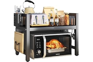 ‎YOLISPA Yolispa Erweiterbares Mikrowellen Regal 2 Stufiges Stehend Mikrowellenregal Organizer mit Stäbchen und Schneidebret Stehend Mikrowellen Bäckereiregale mit 6 Haken Ausziehbar von 40-64cm