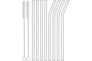 Redreo Szklane słomki wielokrotnego użytku, 10 sztuk – 4 proste słomki szklane i 4 zakrzywione słomki szklane o długości 20 cm, z 2 szczotkami do czyszczenia, szklane słomki do herbaty, slush