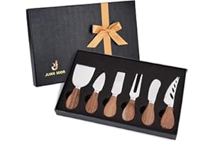JLIAN MIOR Exquisito juego de cuchillos para queso de 6 piezas, colección de juego de cuchillos para queso de acero inoxidable (mango de madera de acacia)