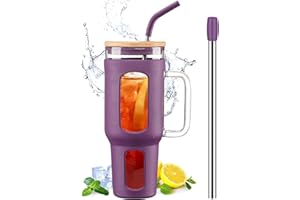 BLUEGO Gobelet en verre avec couvercle, 1400ml Tasse à café glacé avec poignée, Bouteilles d'eau en verre avec manchon en silicone, Mug en verre de 1,4 L avec 2 pailles, Sans BPA, Violet